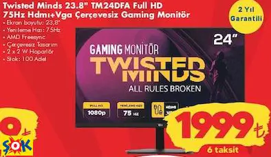 TWİSTED MİNDS 23.8 TM24DFA FULL HD 75HZ HDMI+VGA ÇERÇEVESİZ GAMİNG MONİTÖR/OYUN MONİTÖRÜ